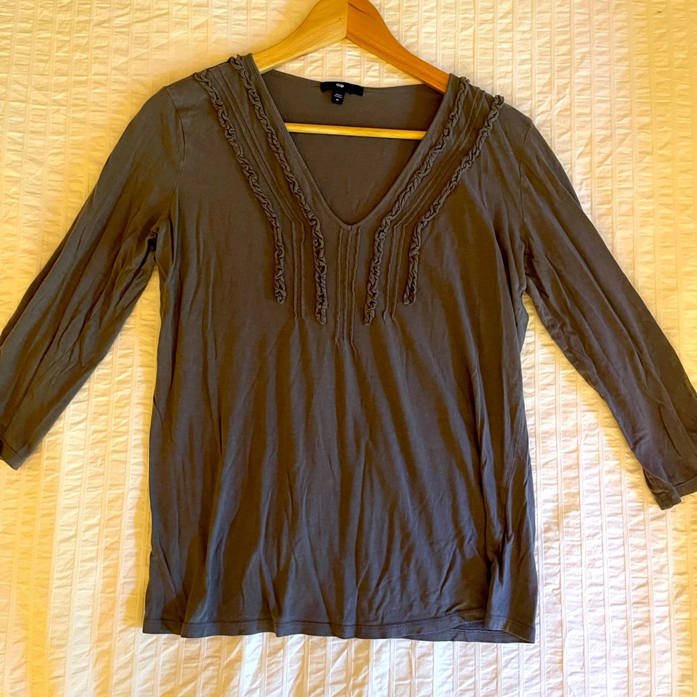 GAP Slate Grey V-neck Cotton Top with Slight Ruffles Around Collar.